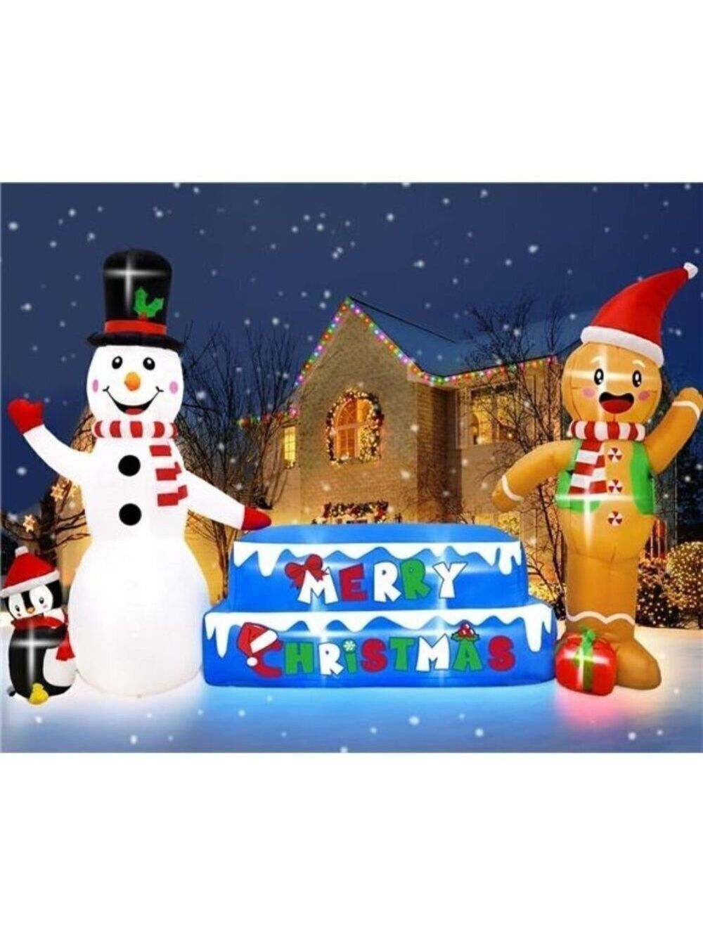 10FT Christmas Inflatable Outdoor Decoration LED Lights Gingerbread Man Snowman
